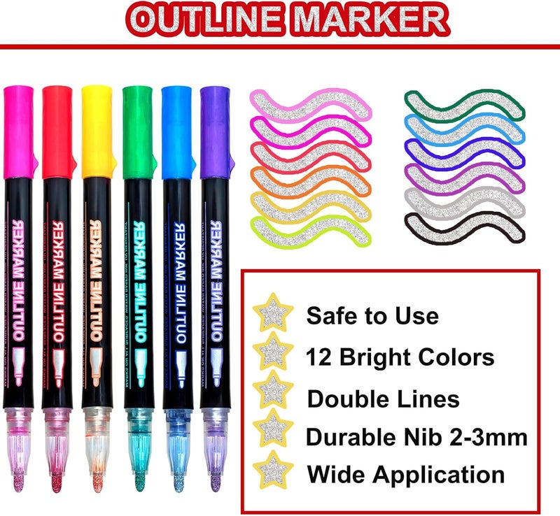 AKUBLE Glitter Markers Outline Pens Metallic,12 Cute Art Supplies Kids 6-8 9-12 10-12 Year Old Tween Teen Girl Gifts Trendy Stuff,Arts Crafts Kids Ages 8-12,Crafts Girls 8-12 Shimmer Sparkle Cool Fun Drawing - Image 2